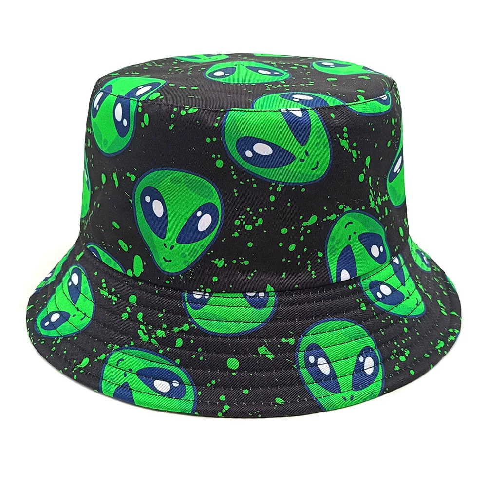 Breathable Double Sided Bucket Hat Alien UFO Space All Over Print Fisher Cap Unisex Foldable Wide Brim Sun Hat Hip Hop Outdoor