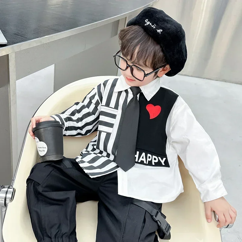 

Kid Children Baby Toddler Clothes 2-9yrs 2PCS set Fashion Spring Autumn Boy Clothing Set Casual Love Print Striped Shirt + Pants