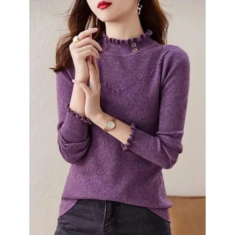 

Spring and Autumn Women's Pullover Half High Neck Long Sleeve Solid Color Striped Commuter Fashion Casual Sweater Knitted Tops