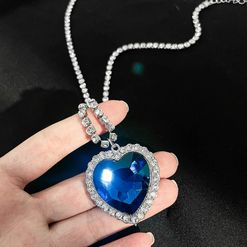 Heart of Ocean Blue Heart Necklaces for Women Rhinestone Crystal Long Chain Necklaces Love Forever Jewelry For Party Gifts