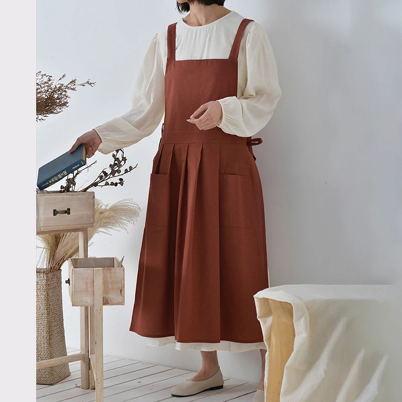 ผ้ากันเปื้อนปักลายสไตล์เกาหลีผ้ากันเปื้อนสายรัดข้อมือกันน้ำฝ้ายลินินมีกระเป๋าระบายอากาศได้ผ้ากันเปื้อนสำหรับทำงานที่ร้านดอกไม้สำหรับผู้ใหญ่