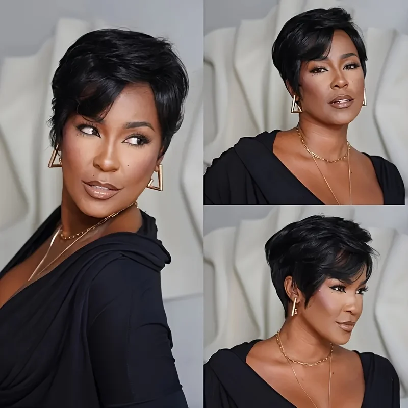 

6Inch 150% Density Basic Style for Daily machine made Women'S Chic Retro short straight Pixie Cut human hair Wig