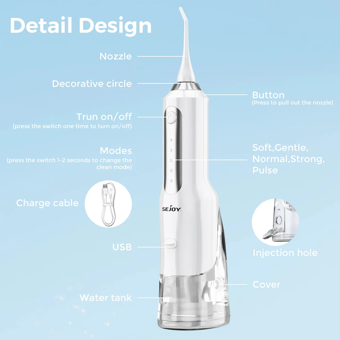 Sejoy جهاز تنظيف الأسنان بالماء الكهربائي اللاسلكي للأسنان المحمولة الأسنان عن طريق الفم الري قابلة للشحن اختيار المياه الأنظف للثة الصحية