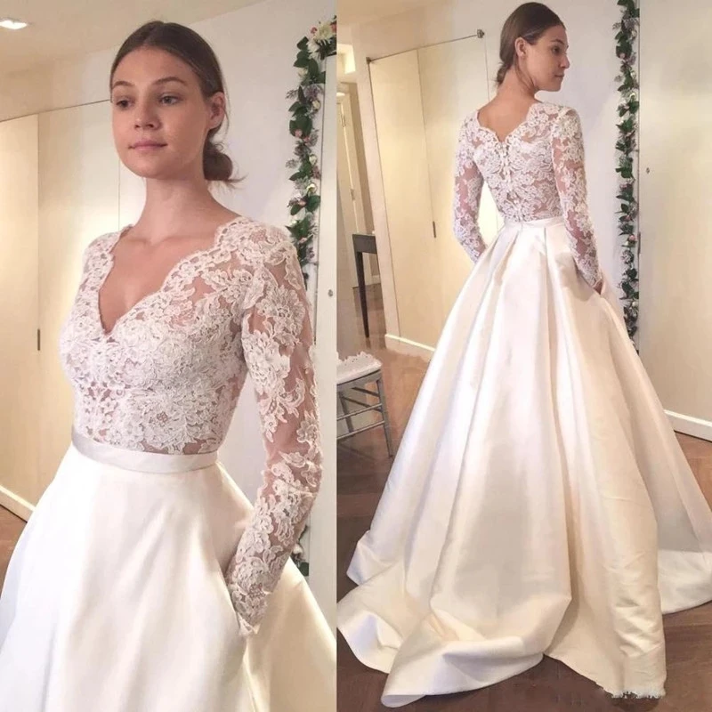 

Long Sleeve Wedding Dress V-Neck A-Line Appliques Lace Satin Wedding Gowns with Pocket Custom Made Bride Dresses