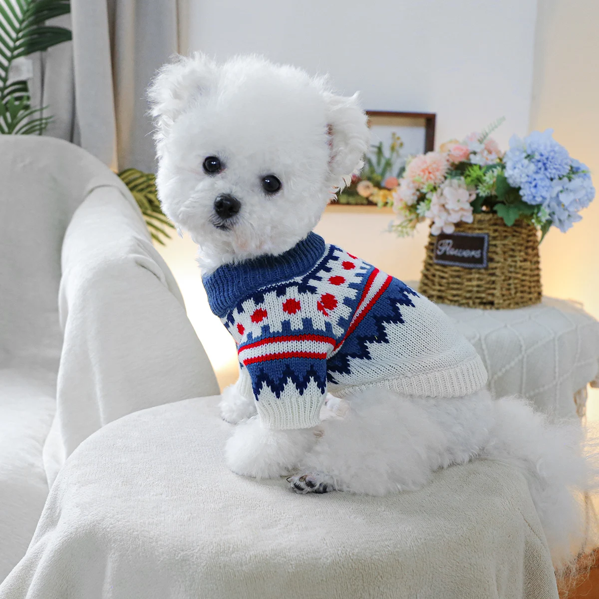 1PC pet clothing Fer Island blue sweater spring and autumn pullover knitted sweater suitable for small and medium-sized dogs