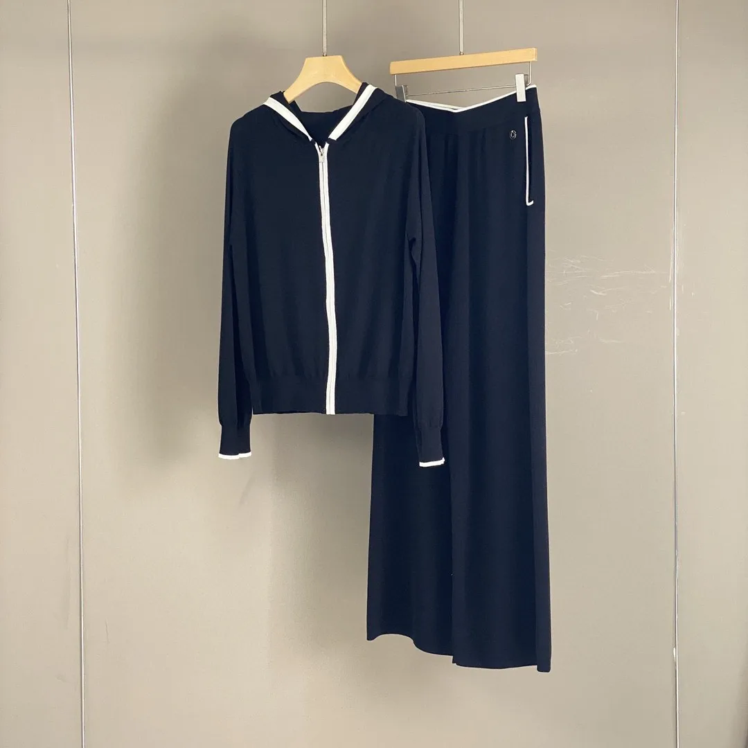 

2025 Spring/Summer New Silk Cotton Blended All-match Knitted Hoodie Top Casual Straight Wide-leg Pants suit