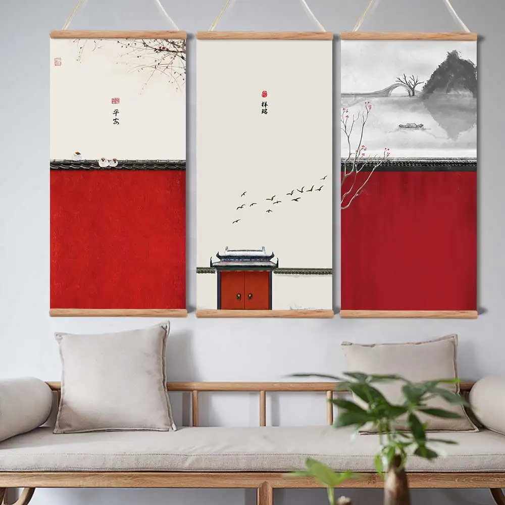 Chinese red courtyard safe and auspicious poster canvas wall art decorative painting wood hanging painting home decor vintage