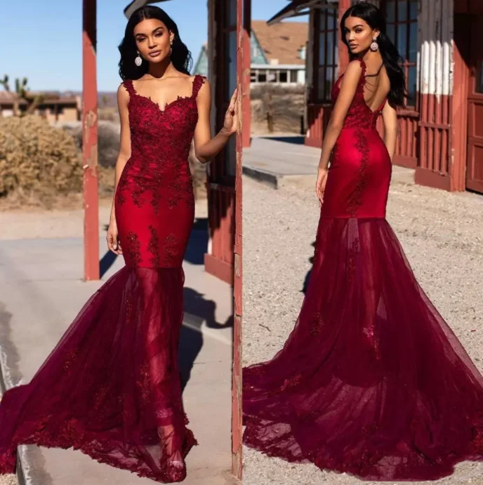 

Burgundy Arabic Spaghetti Straps Lace Mermaid Evening Dresses Tulle Floor Length Prom Gowns Black Girls Party Dress