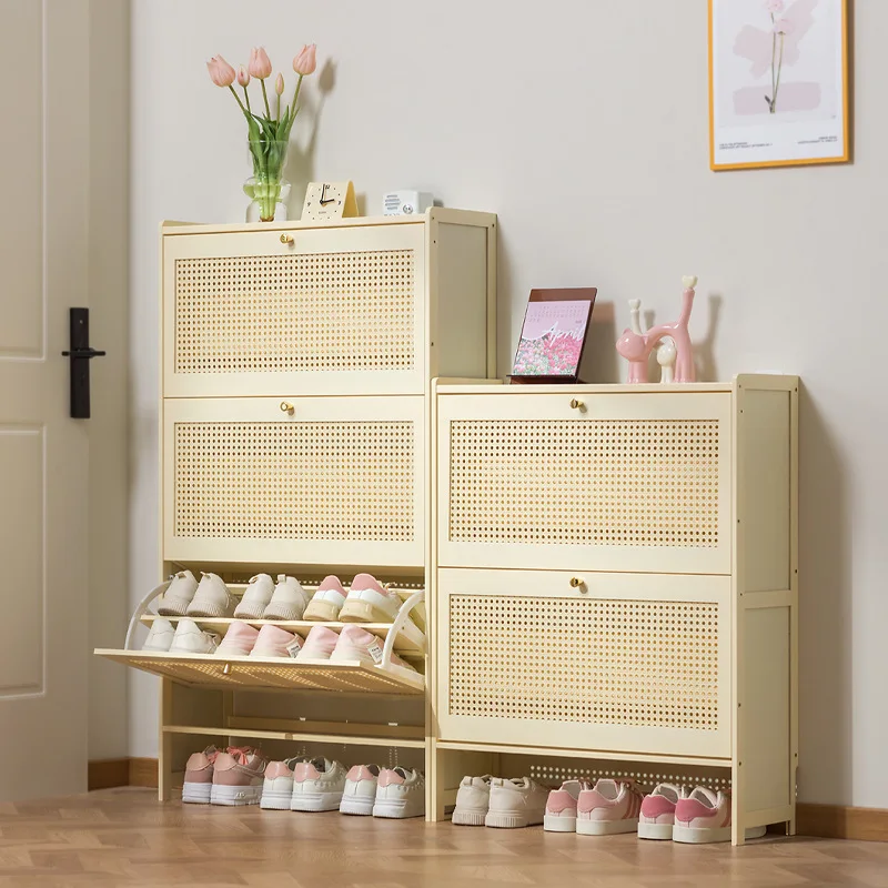 Cream style multi-layer bamboo and wood shoe cabinet, dust-proof narrow shoe cabinet, wall mounted flip shoe storage cabinet