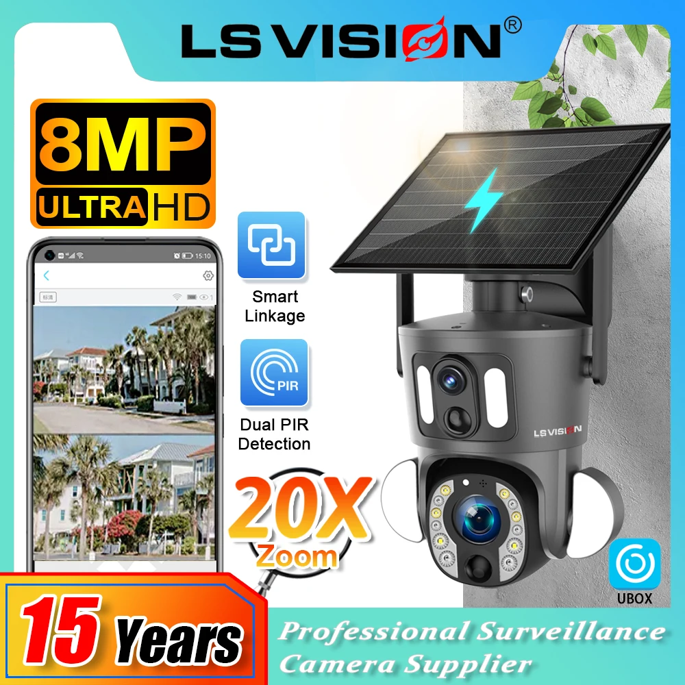 

LS VISION 4G Solar Security Camera Outdoor 20X Zoom Dual Screen 8MP WiFi PTZ Dual Lens PIR Detection Auto Tracking Camera UBOX