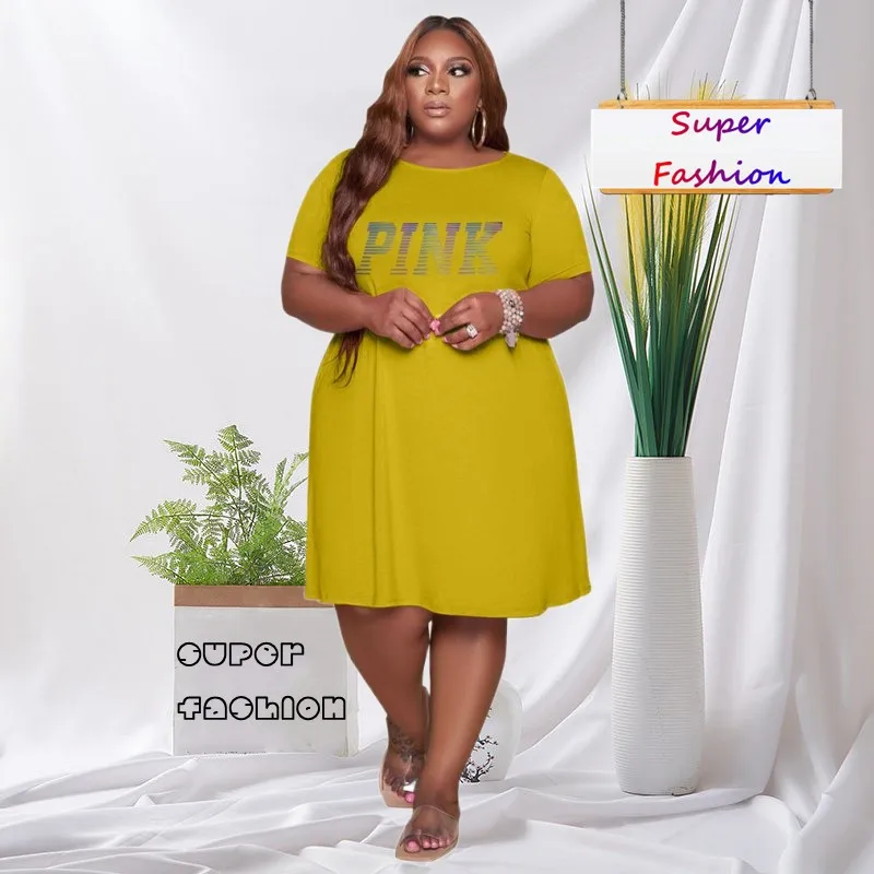 

WSFEC XL-5XL Plus Size Dresses Women Clothing 2023 Solid Short Sleeve Loose Casual Summer Fashion Female Outfits Midi Dress