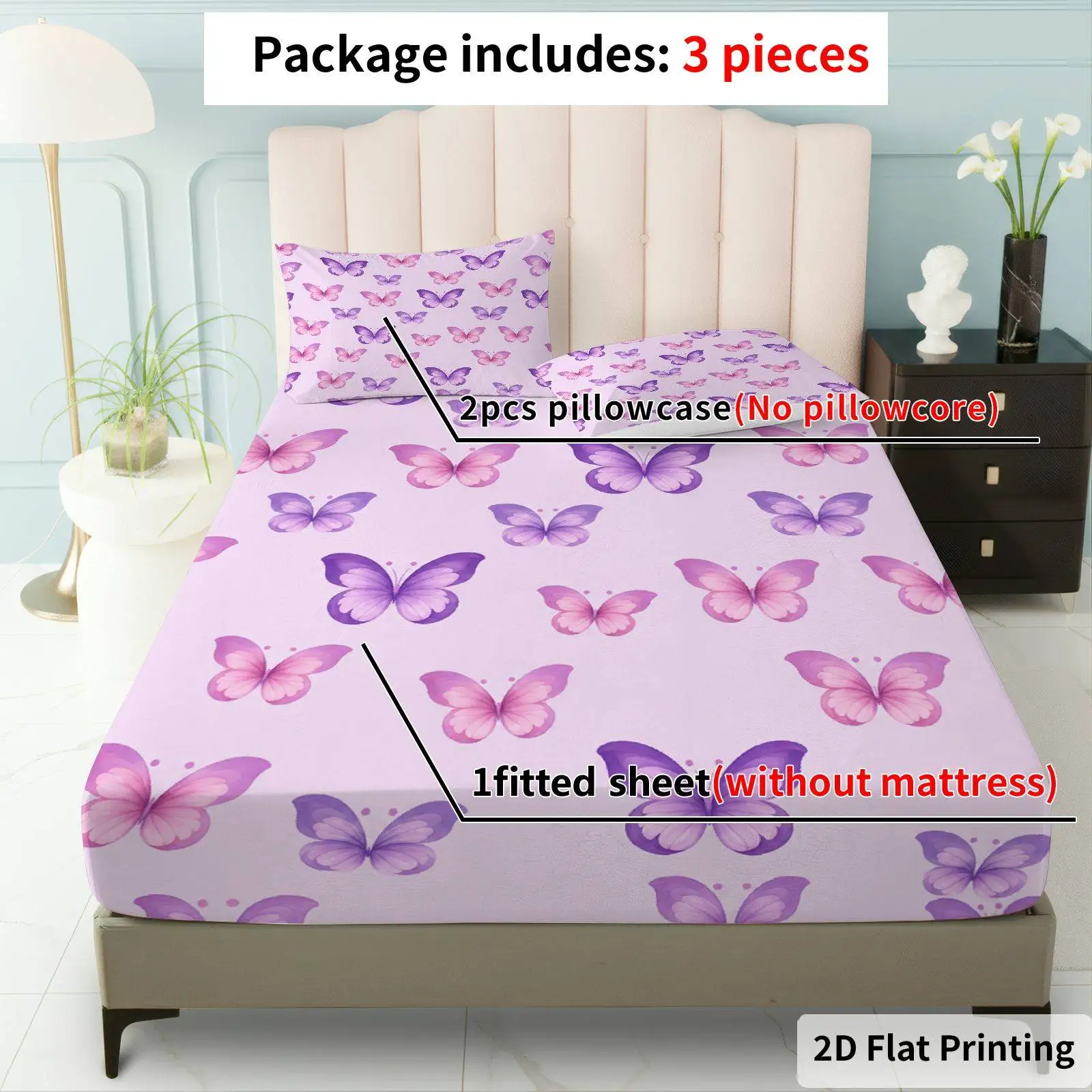 Butterfly Floral Pink Bed Sheet Set, Butterfly Theme Decorative Bedding, Three-Piece Bedding Set (includes 1 bed sheet + 2 pillowcases), 3-Piece Set, Large-Capacity Deep Pocket 2D Printed Bed Sheet and 2 Pillowcases, Bedding Mattress Protector, Elastic-Fitted Sheet, Protective Cover, Mattress Protector, Suitable for All Seasons, Machine Washable Design, Holiday Decoration, Various Sizes, Breathable Protective Cover with Pillowcase
