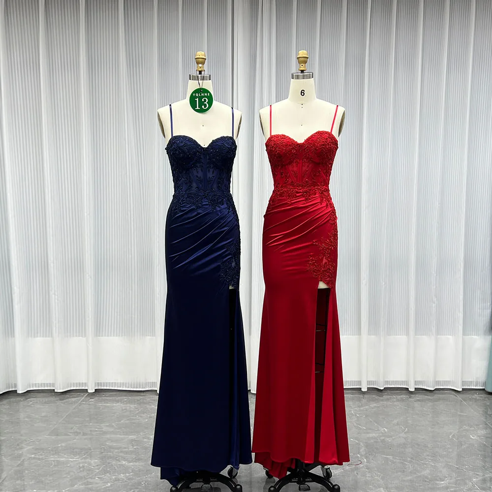 YQLNNE فساتين حفلة موسيقية بفتحة طويلة بحمالات كحلي مزينة بالدانتيل وحفلات رسمية