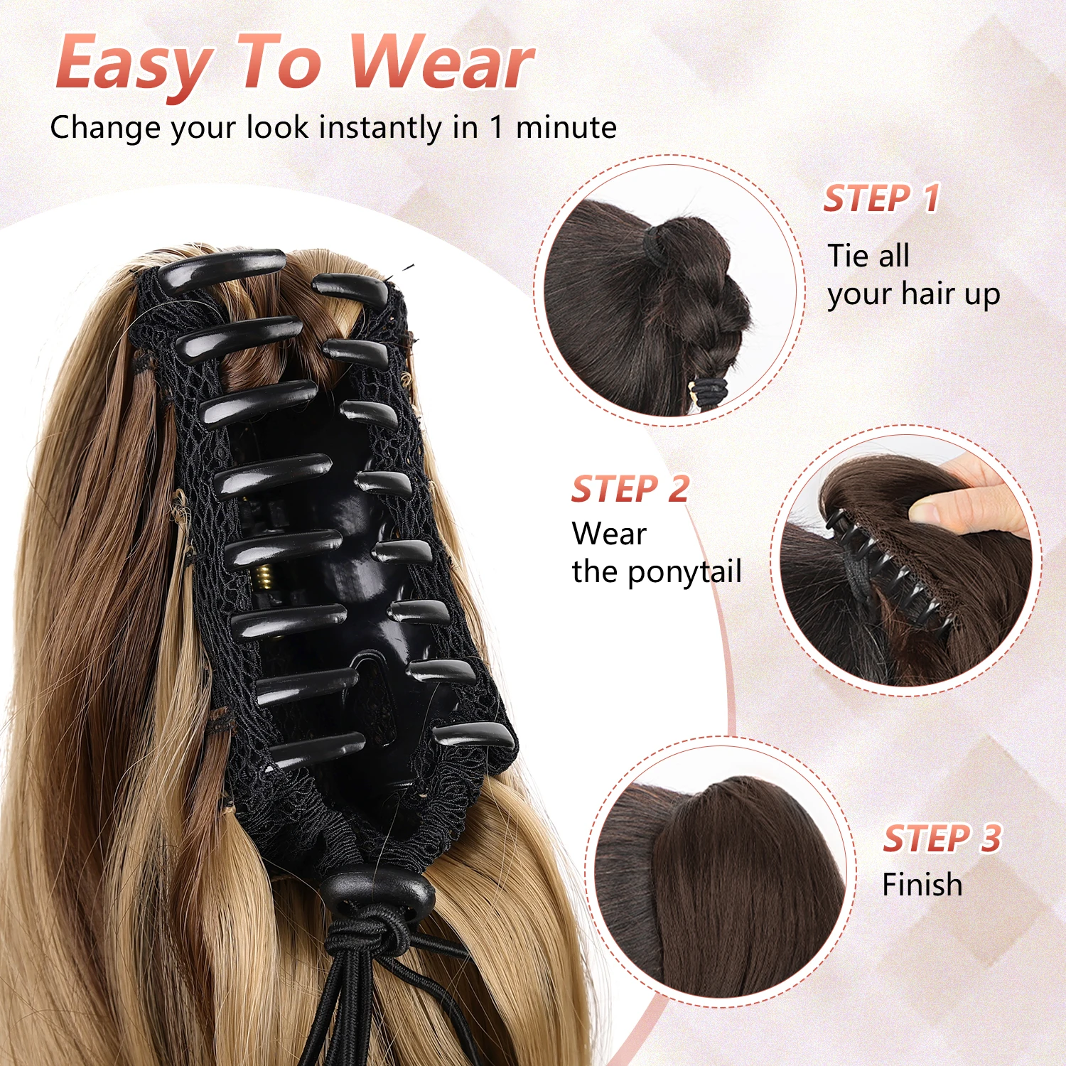 Synthetic Claw Ponytail Extensions 22inch Long Wavy Claw Clip Pony Tail Hairpieces for Women Girls Dairy Party Holiday image 5