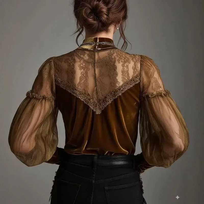 เสื้อเบลาส์กำมะหยี่คอสูงครึ่งตัว ดีไซน์เก๋ หรูหรา ผู้หญิง เซ็กซี่ แต่งผ้าตาข่ายโปร่ง ลูกไม้ แขนยาว เหมาะสำหรับใส่ทำงานในออฟฟิศ