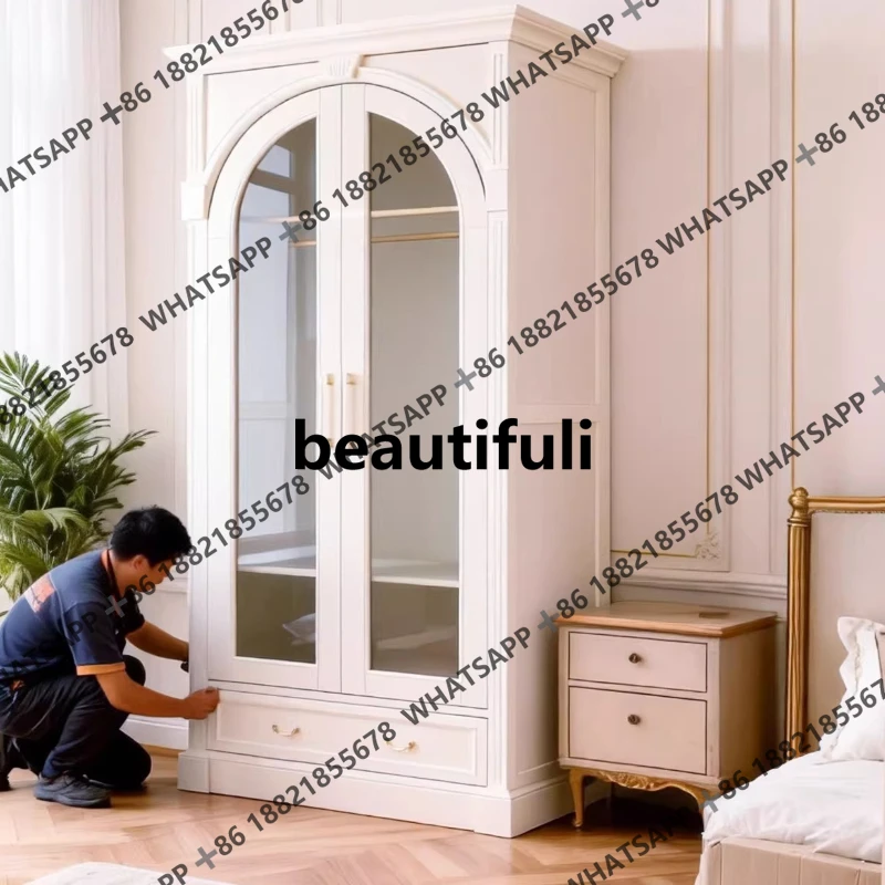 

Cream wind all solid wood opposite door wardrobe household bedroom small apartment, French combination storage