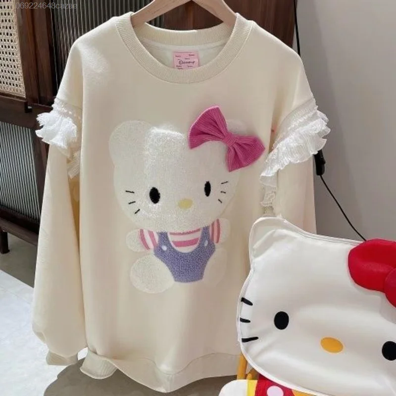 Sanrio Hello Kitty Y2k Korean Style Clothes Round Neck Pullovers Cartoon Aesthetic Cute Bow Loose Sweatshirt Women Fashion Tops