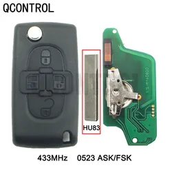 QCONTROL Car Remote Key 433MHz Fits for Peugeot 207 307 308 407 807 Expert Partner CC SW (CE0523 ASK/FSK) 4 Buttons HU83 Blade