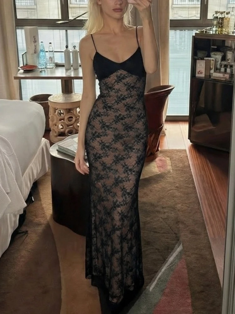 Moda sexy elegante renda maxi vestido feminino profundo decote em v fino ajuste marrom preto sheer floral vestido longo maduro chique festa outfit