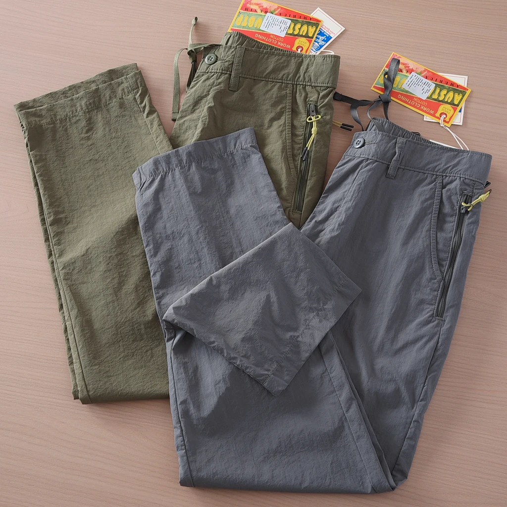 

2025 Summer New American Retro Thin Quick-drying Ice Silk Stretch Pants Men's Outdoor Casual Straight Drawstring Loose Trousers