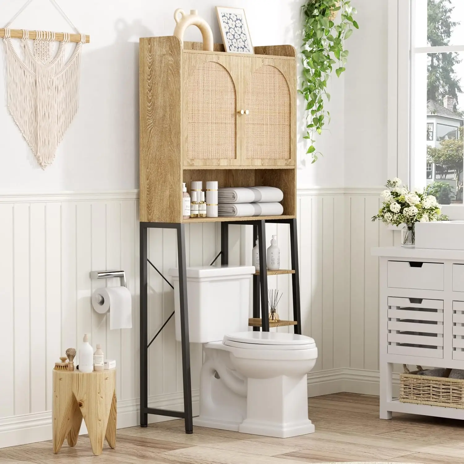 

Natural Rattan Over Toilet Storage Cabinet w/ Adjustable Shelf & Metal Stand, Tall Bathroom Organizer, Customized