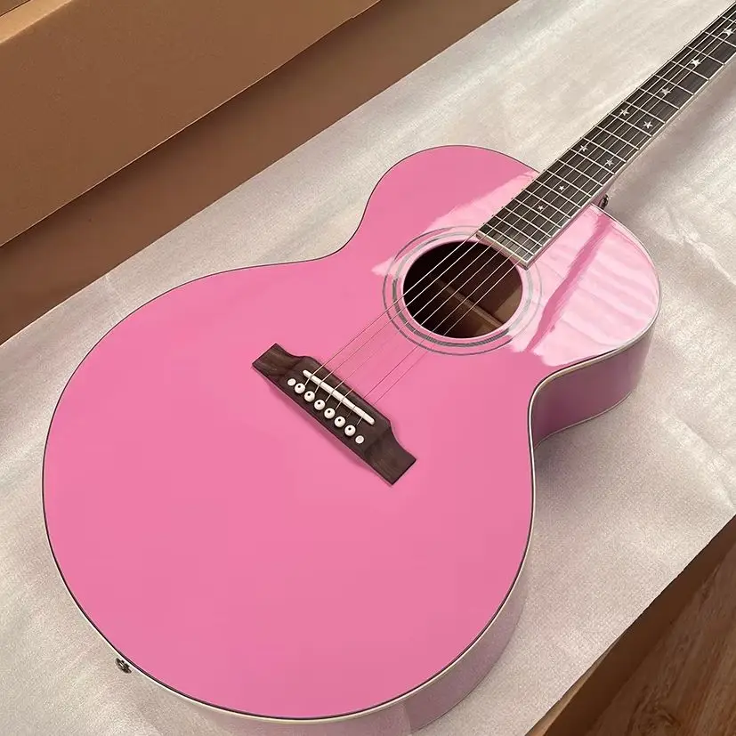 

Handmade J Style 180 Version Bright Pink Acoustic Guitar with Solid Spruce Top, Back/Sides Laminate, Rosewood Fingerboa