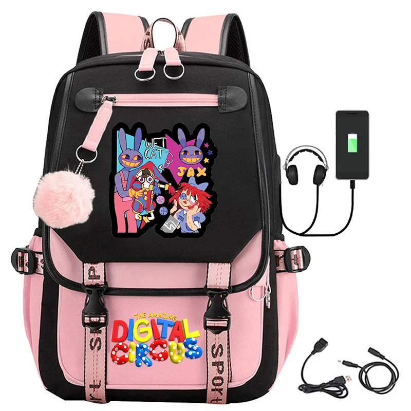 Anime The Amazing Digital Circus Jax Mochilas, Meninas adolescentes Laptop Bag, Carregamento USB, Estudante Bookbag, Mochilas escolares, Moda