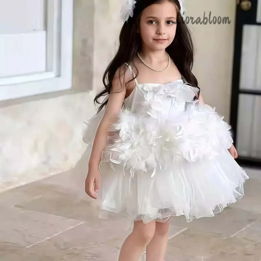 

Girls' White Designer Dress Layered Skirt Feather Trimmed Evening Gown Flower Girl Dress Party Wear Wedding Attire