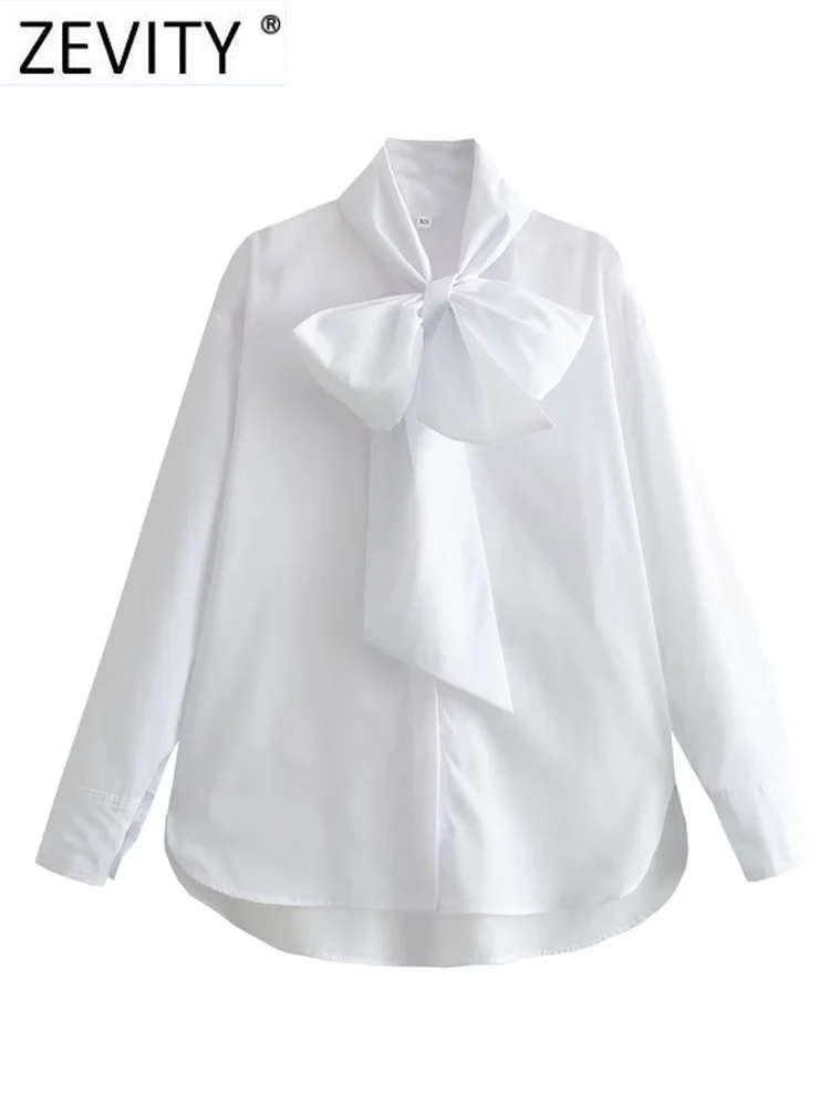 Zevity New Women Fashin Big Bow Tied Collar White Poplin Blouse Office Lady Chic Long Sleeve Shirt Chemise Blusas Tops LS5912