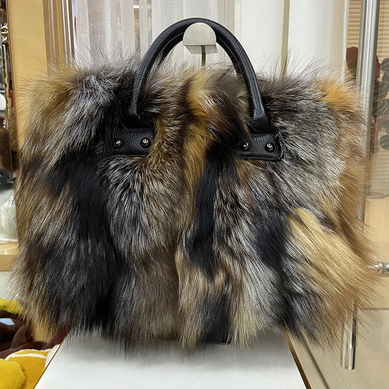 Frauen Winter Mode Natürliche Echt Fox Pelz Tasche Echtpelz Handtasche Damen Voll Pelt Echtem Leder Schulter Große Tasche