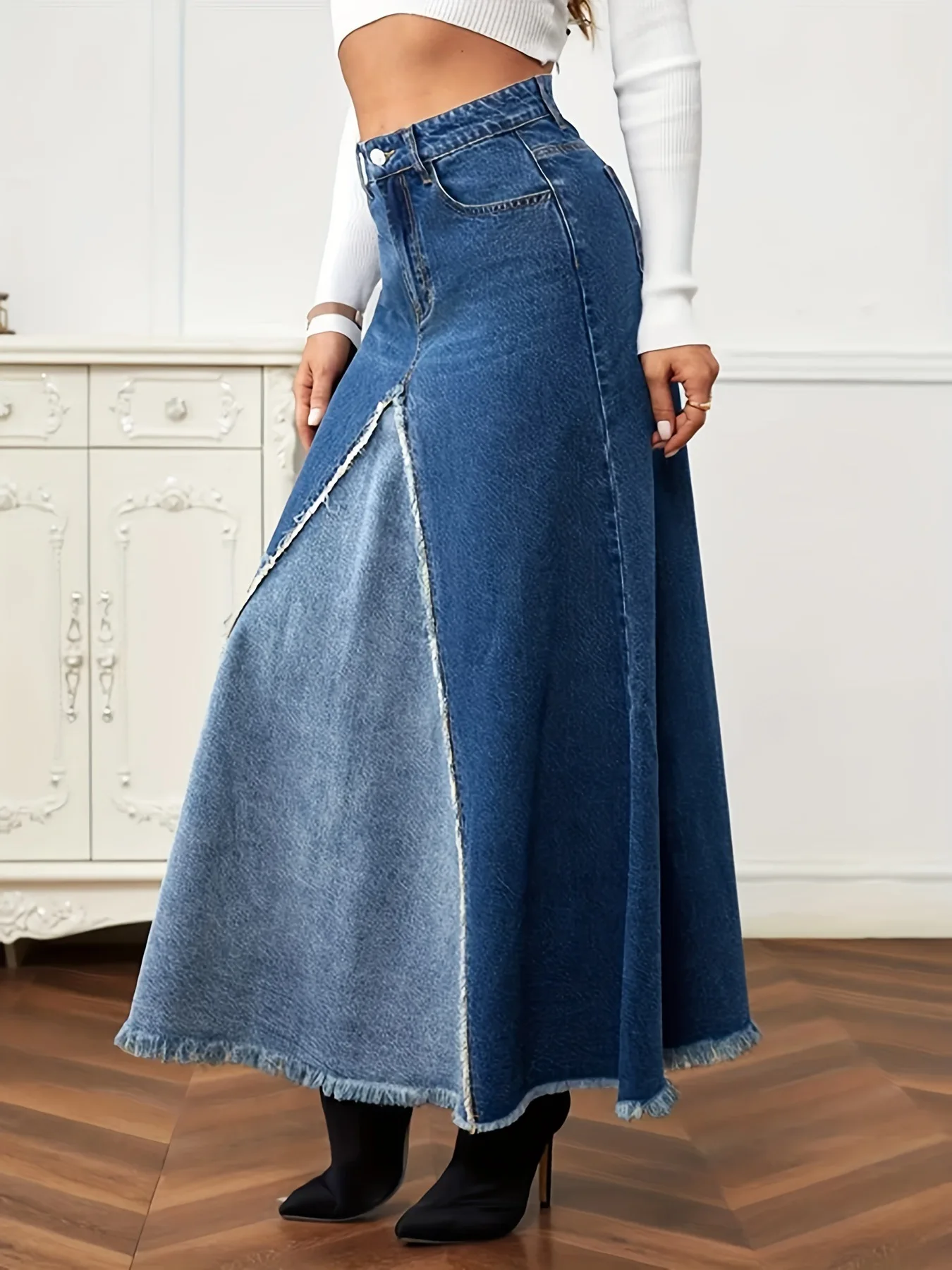 Women Denim Patchwork Skirts 2025 Autumn Flared A Line Patchwork Dress Women's Large Hem Elegant FloorLength Midi Skirt