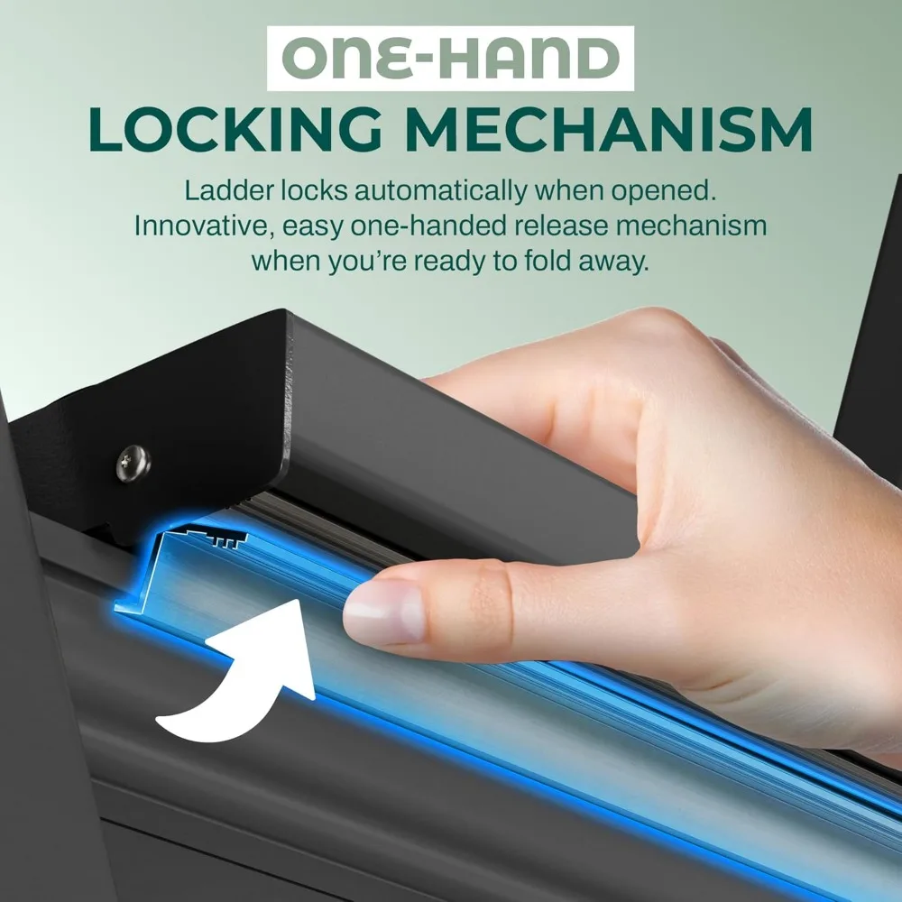 Escada dobrável de 3 degraus, design moderno de alumínio preto, mecanismo de bloqueio, perfil fino, degraus antiderrapantes, resistente e segura para uso doméstico