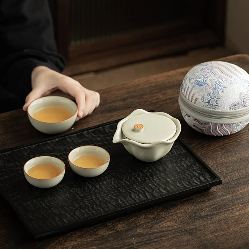 

Античные наборы чайной посуды Ru Kiln, дорожный чайный сервиз Lotus, древний 1 горшок, 3 чашки, чайник для кунг-фу, портативная сумка для кемпинга, принадлежности