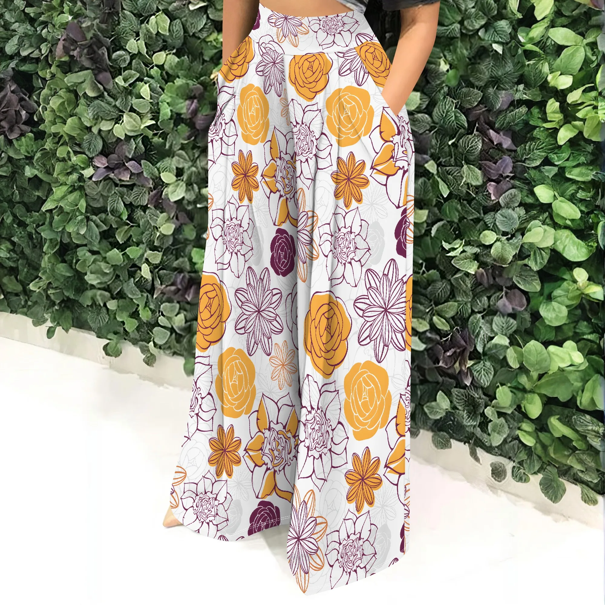 High Waist Floral Wide Leg Pants, Yellow Purple Flower Print Trousers, Casual Loose Fit with Pockets for Women, S-2XL