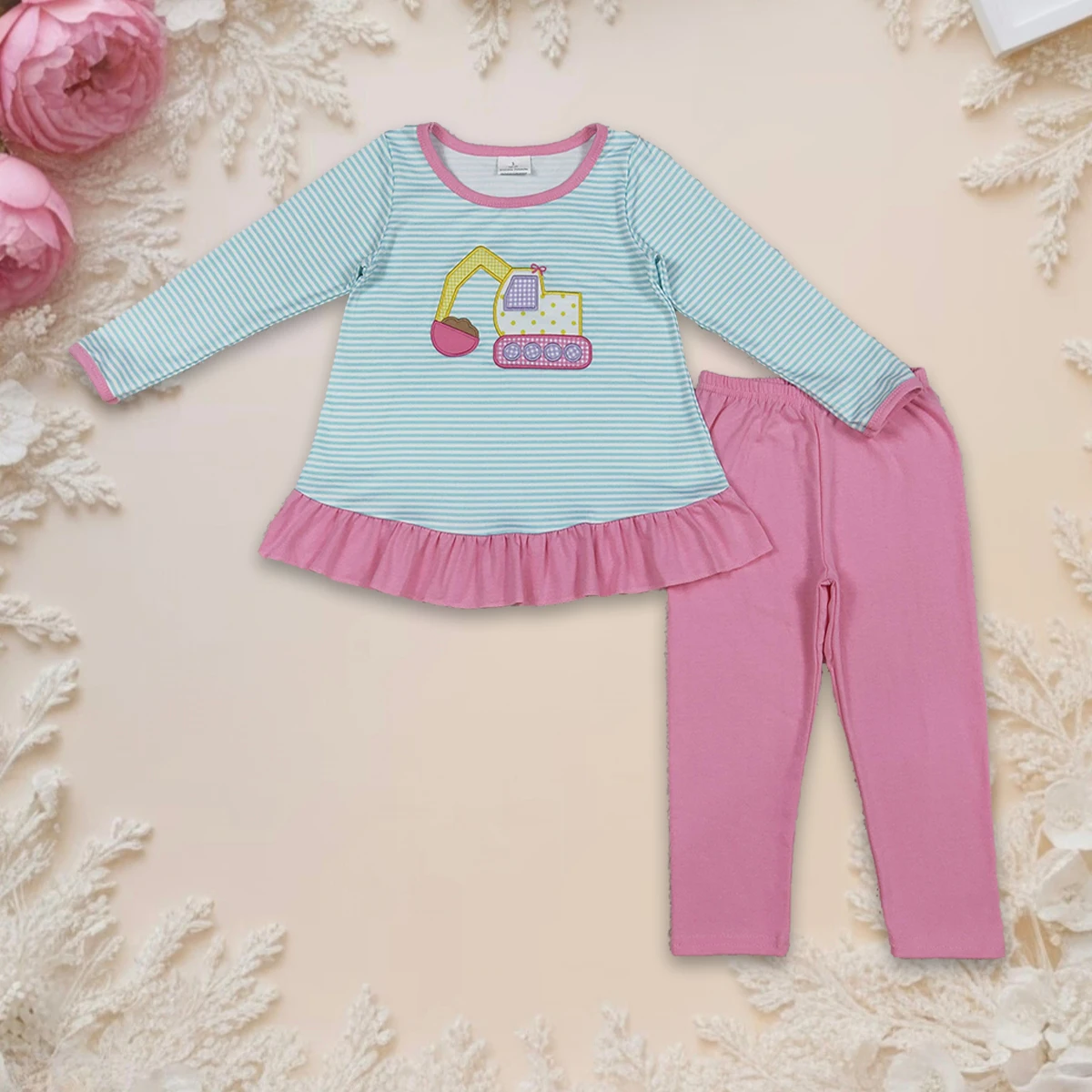 

Hot Sale Kids Clothing Baby Girl Clothes Sets Toddler Stripe Excavator Infant Long Sleeve Tunic Tops Legging Pants Outfit 3-16y