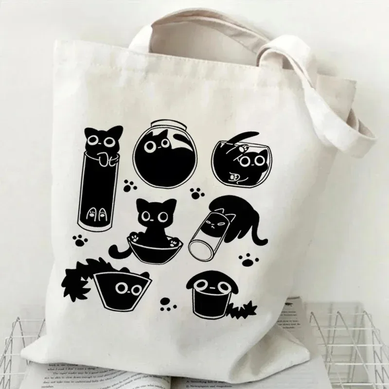 Kawaii preto gato gráfico bolsas para mulheres estilo japonês lona sacola dos desenhos animados moda bolsa de ombro para mulheres gatinho saco