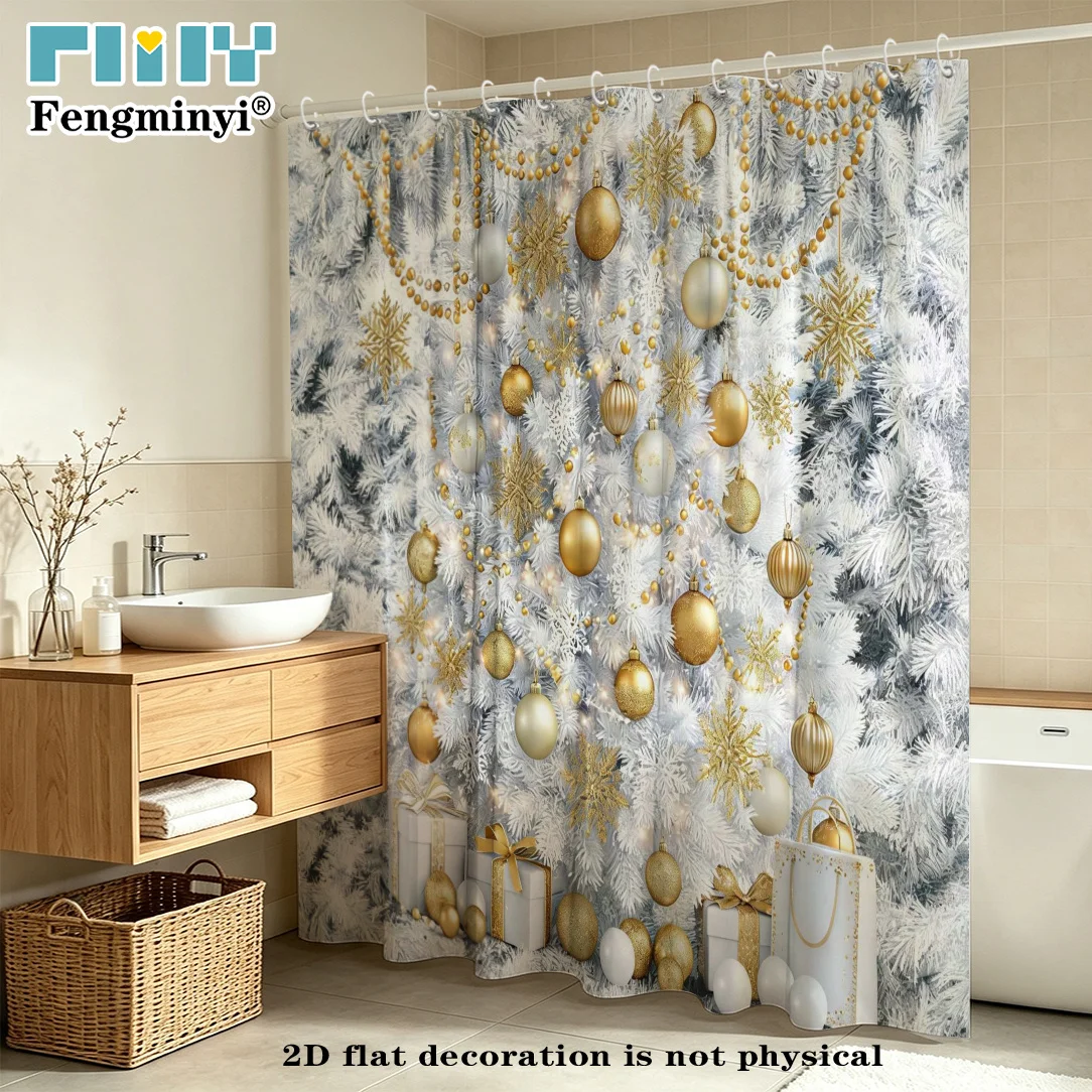 2D Flat, 2D Flat Shower Curtain, 1pc, Christmas White Christmas Tree with Golden Snowflake Decorations, Holiday Scene Shower Cur