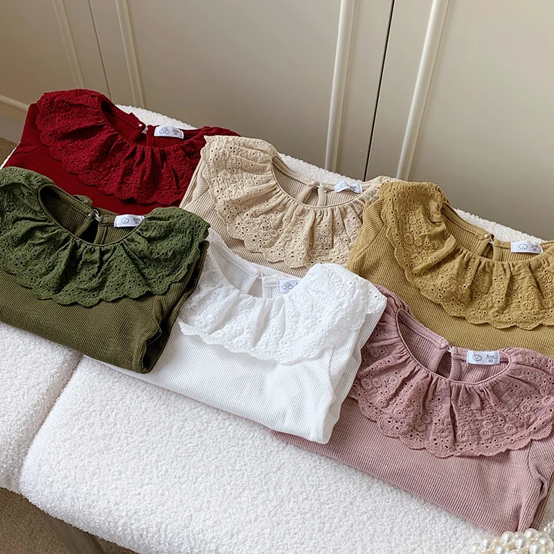 Baby Clothes Spring Girls Long Sleeve T-shirts Lace Lotus Collar Princess Kids Ribbed Bottoming Shirt Toddler Cotton Tops