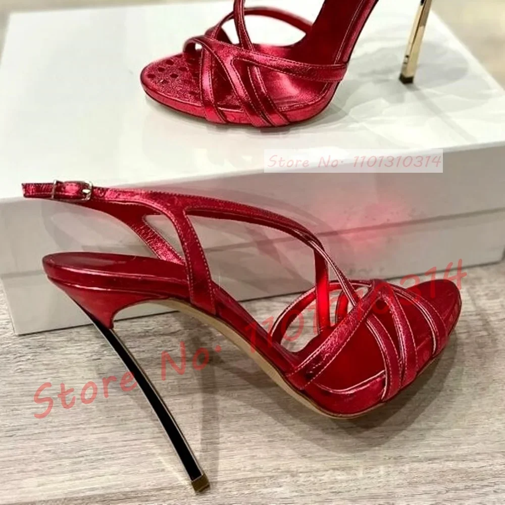 Red Metallic Metal Heels Sandals Women Slingback Cross Strap Luxury Shoes Female Summer Sexy Plus Size Banquet High Heels Shoes