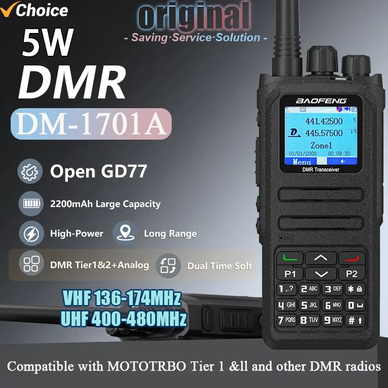 Baofeng DMR DM-1701A Upgrade Open GD77 5W Digital Walkie Talkie Longe Range Dual Mode Analog Dual Time Slot Tier 1+2 Ham Radio