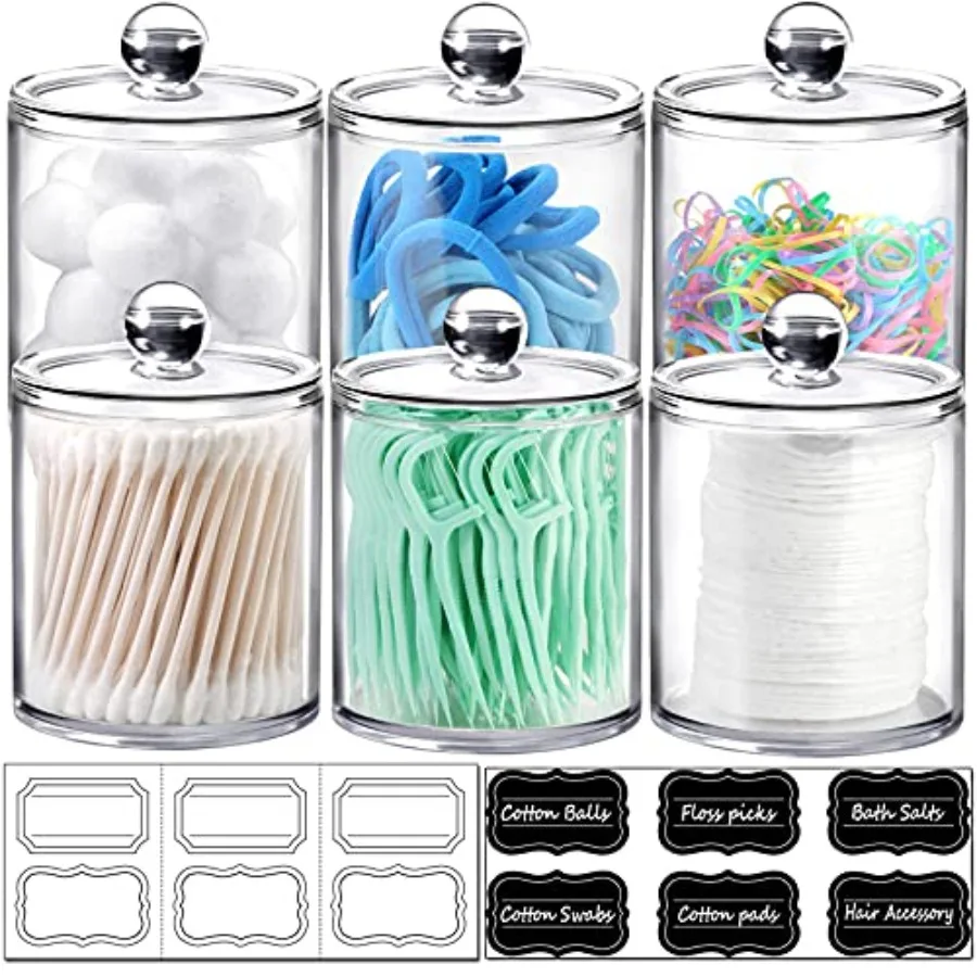 6 Pack Acrylic Qtip Holder with Labels, Qtip Jars for Bathroom 3 10oz and (3) 12oz Qtip Holder Set Shatterproof Bathroom Vanity