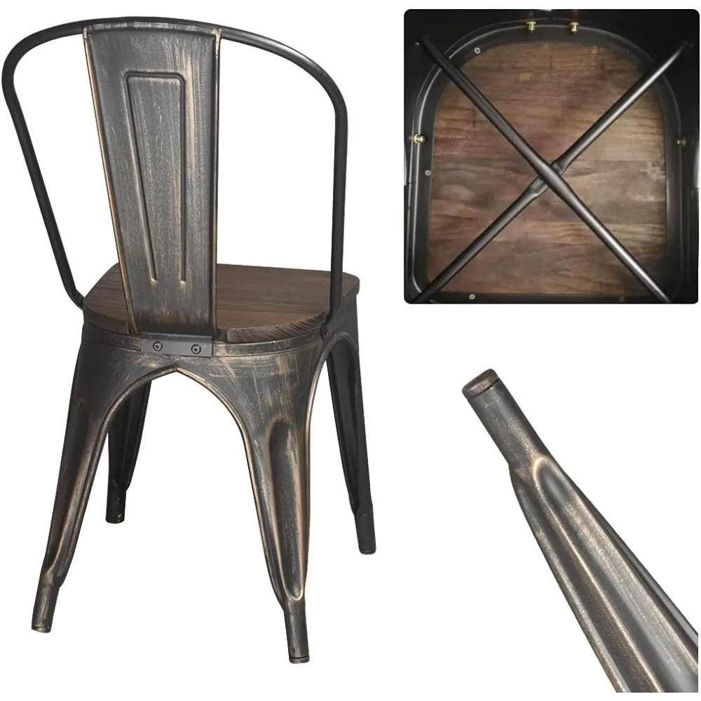 كراسي طعام معدنية، كراسي مطبخ مكدسة للمزرعة، مجموعة من 4 قطع من الذهب الأسود مع مقعد خشبي عالي الظهر لمطعم غرفة الطعام