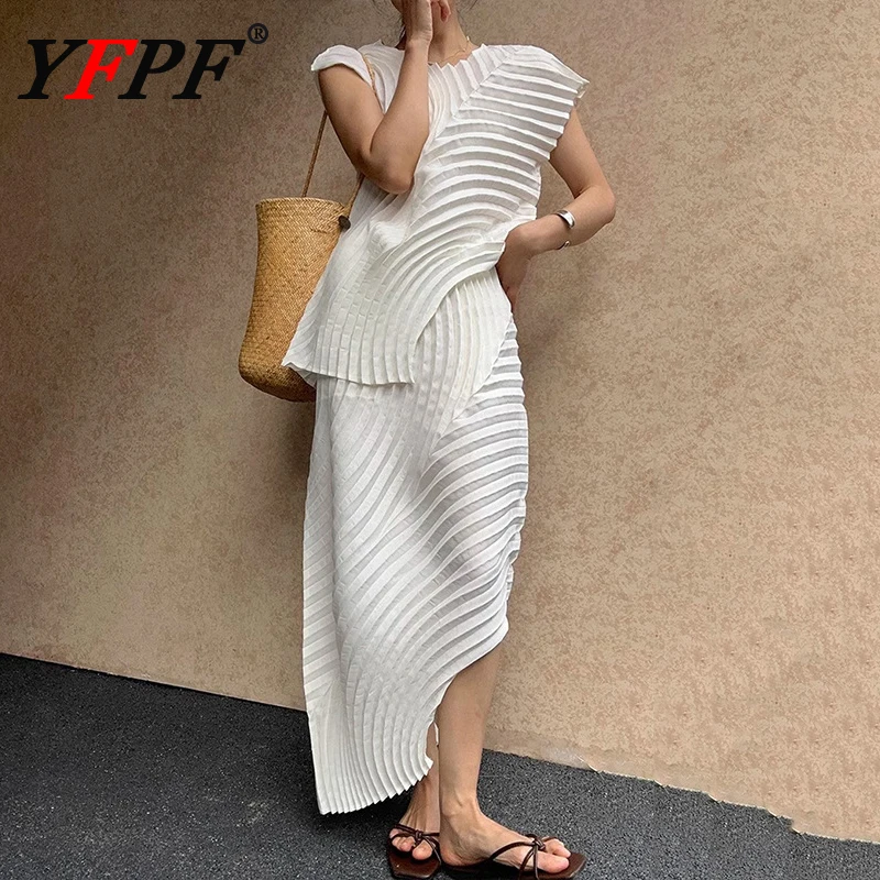 

YFPF Miyake Pleated White Set Women Fashion Irregular Design Tops + High Waist Long Skirt Streetwear 2025 Summer New Clothing