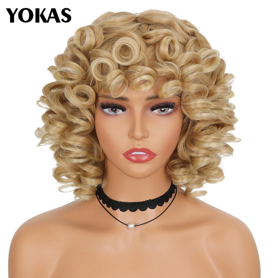 Short Hair Afro Kinky Curly Wigs Synthetic With Bangs For Black Women Fluffy African Ombre Cosplay Natural Brown Wigs Afro YOKAS