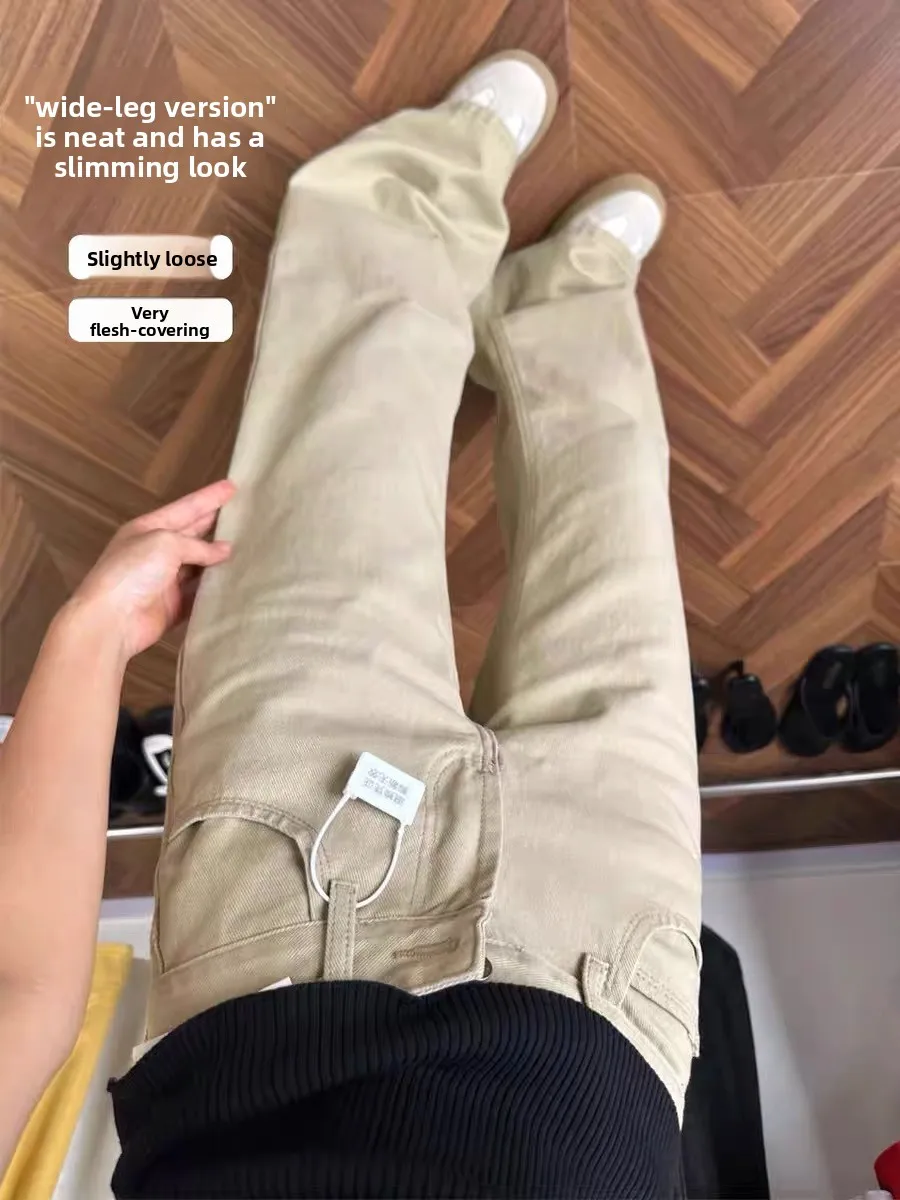 

Khaki Low Waist Fce Lined Flared Pants Women's Small Size Casual Wide Leg Jeans American Sle Loose Floor Length Trousers