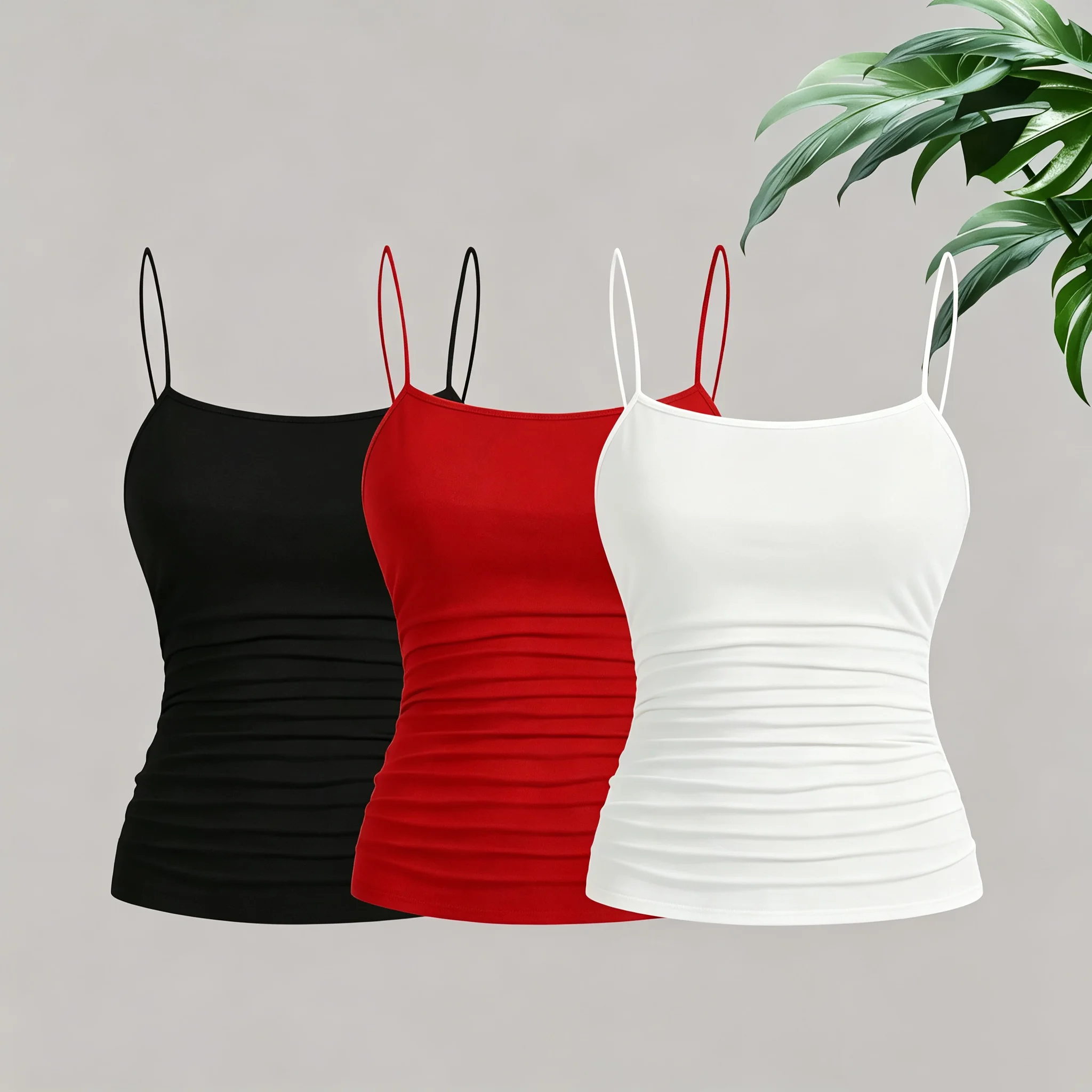 Women Elegant Thin Strap Ruched Cami Top Slim Fit Sleeveless Camisole Soft Stretch Basic Tank Vest Summer Fashion Underwear Blac