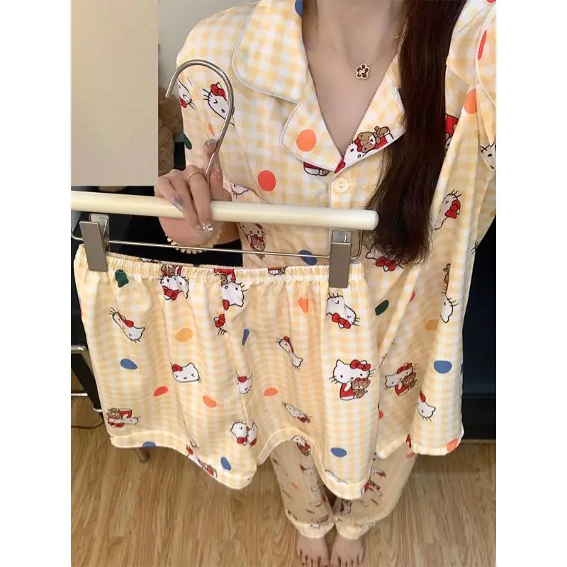 

Sanrio Kawaii пижамы Hello Kitty, комплект из трех предметов, ледяной шелк, новый стиль, милая дышащая домашняя одежда, подарок с героями мультфильмов для подруги