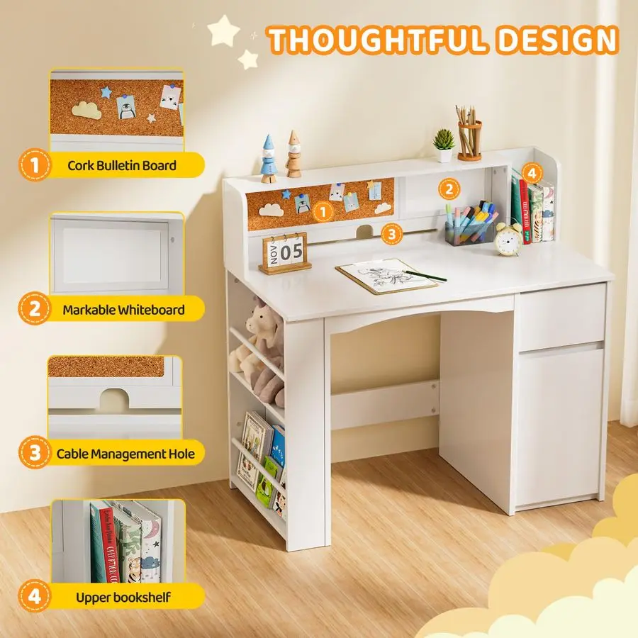 Kids Desk and Chair Set with Bookshelf, Kids Study Desk with Chair with Storage Cabinet, Student Writing Table for Study amp Cra