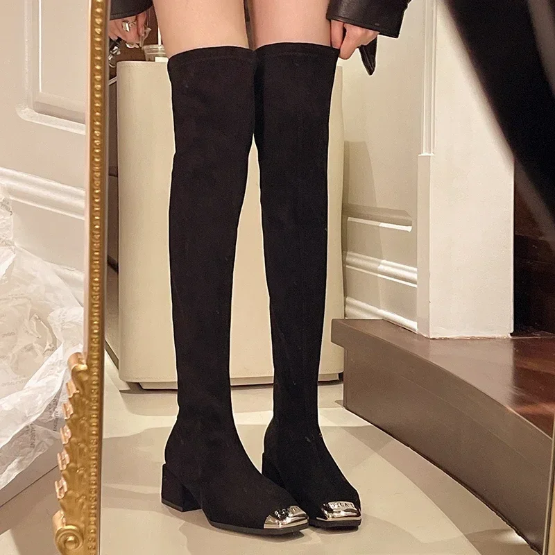 

Elastic Long Faux Suede Woman Metal Toe Over-the-knee Boots Casual Platform Shoes Black Long 2024 New Thigh Fashion High Boots