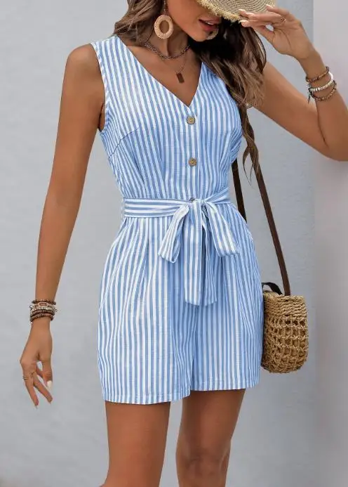 

2025 Casual Jumpsuit Woman Elegant Sexy Minimalist Jumpsuit Design with V-Neck Sleeveless Striped Jumpsuit Short Female Clothing